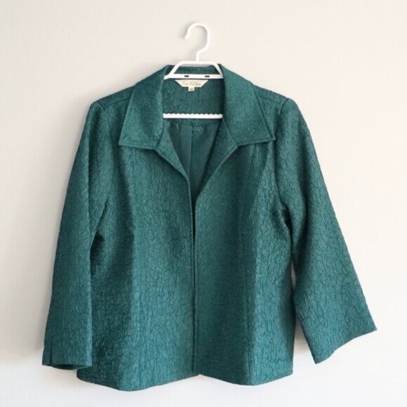 Vntg Traditions Women's Sz 12 Green Crinkle Open Front Collared Lined Blazer - Picture 1 of 11